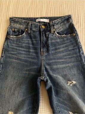 Zara Dark Blue High Waist Distressed Denim Straight Leg Jeans